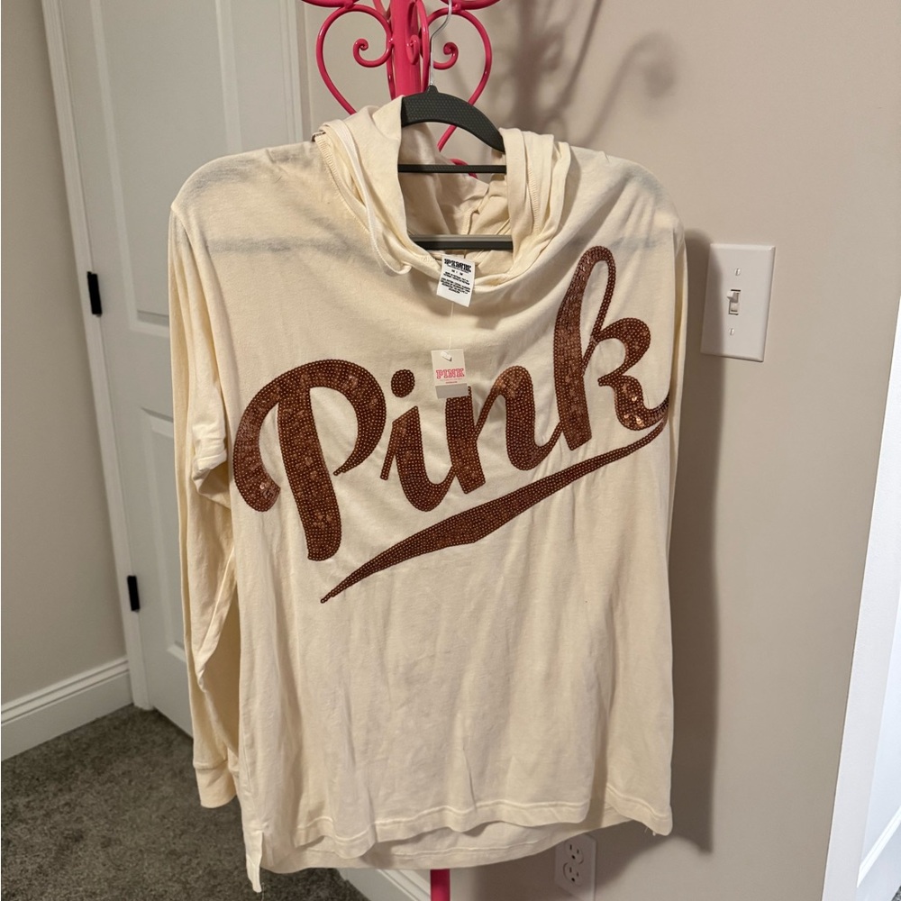 PINK Victoria's Secret Cream Hoodie with ROSE GOLD Logo